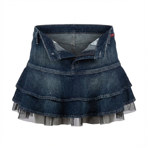 GUESS- Y2K VINTAGE- Denim Layered Mini Skirt with Ruffle Trim- SIZE 24👖💙✨ - Picture 4 of 8